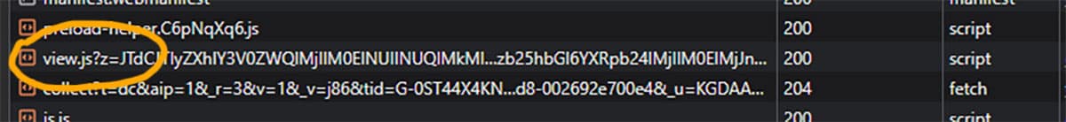 Browser devtools network tab on edgekits.dev showing the Cloudflare Zaraz loader served as a first-party view.js script and tracking events sent to a renamed collect endpoint, with no default cdn-cgi zaraz paths for ad blockers to match.