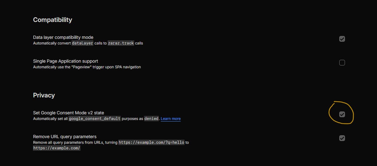 Zaraz Settings page with the Set Google Consent Mode v2 state toggle enabled, which sets the four GCMv2 categories (ad_storage, ad_user_data, ad_personalization, analytics_storage) to denied by default before user choice.