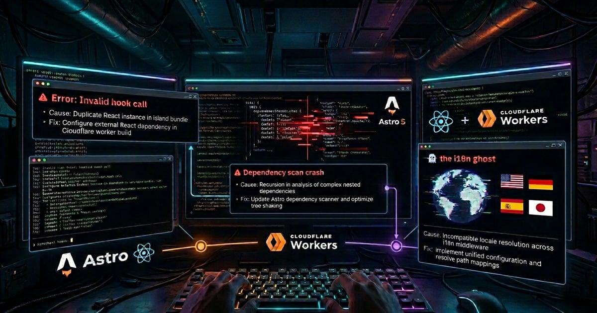 An Astro 6 React island hydrating inside Cloudflare workerd, with the Vite optimizer pre-bundling react and react-dom on the SSR path.