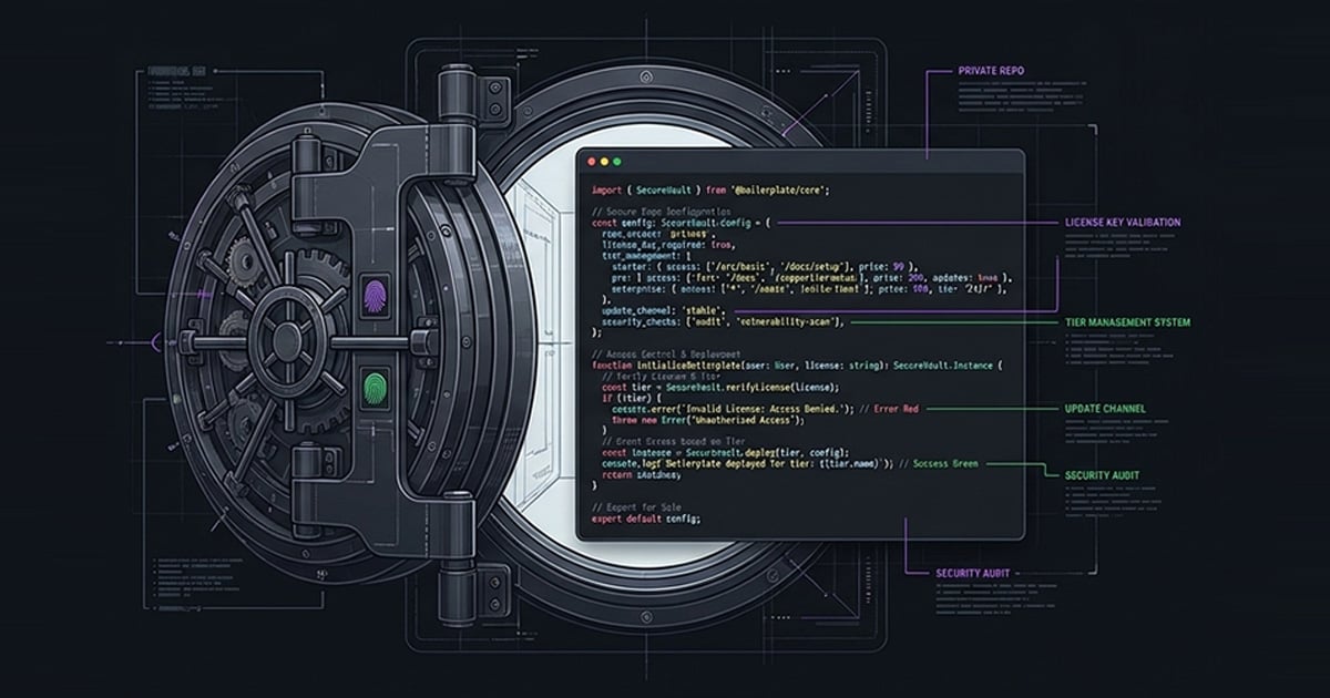 A heavy vault door swung open onto a code editor window holding a boilerplate configuration, with callouts for the private repo, tier management, update channel and security audit.