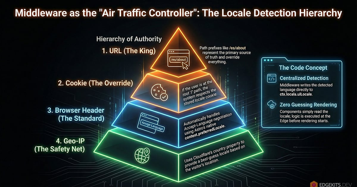 Locale detection hierarchy pyramid showing URL, Cookie, Accept-Language header, and Geo-IP prioritization in Astro middleware