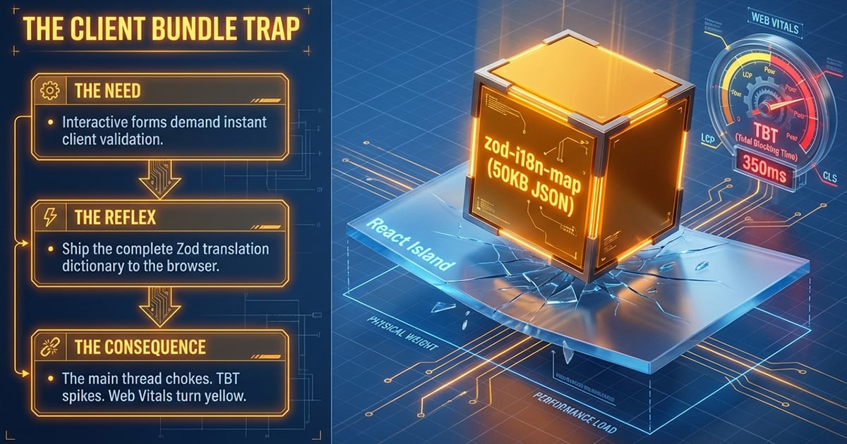Conceptual 3D illustration of the Client Bundle Trap: a heavy Zod localization dictionary (zod-i18n-map) crushing a React Island, demonstrating how client-side translation JSONs bloat the React bundle and ruin Core Web Vitals like Total Blocking Time.