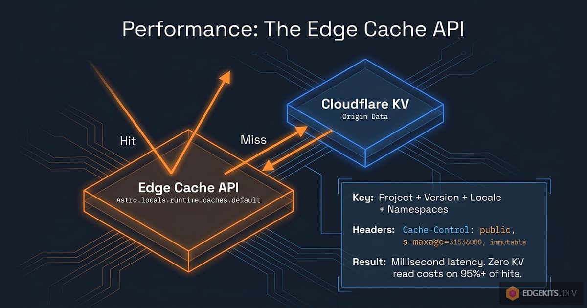 The Astro i18n Edge Cache API performance flow on Cloudflare: translations served sub-millisecond on cache hits and fetched from KV only on misses, with cache keys built from project + version + locale + namespaces and Cache-Control: public, s-maxage=... headers.