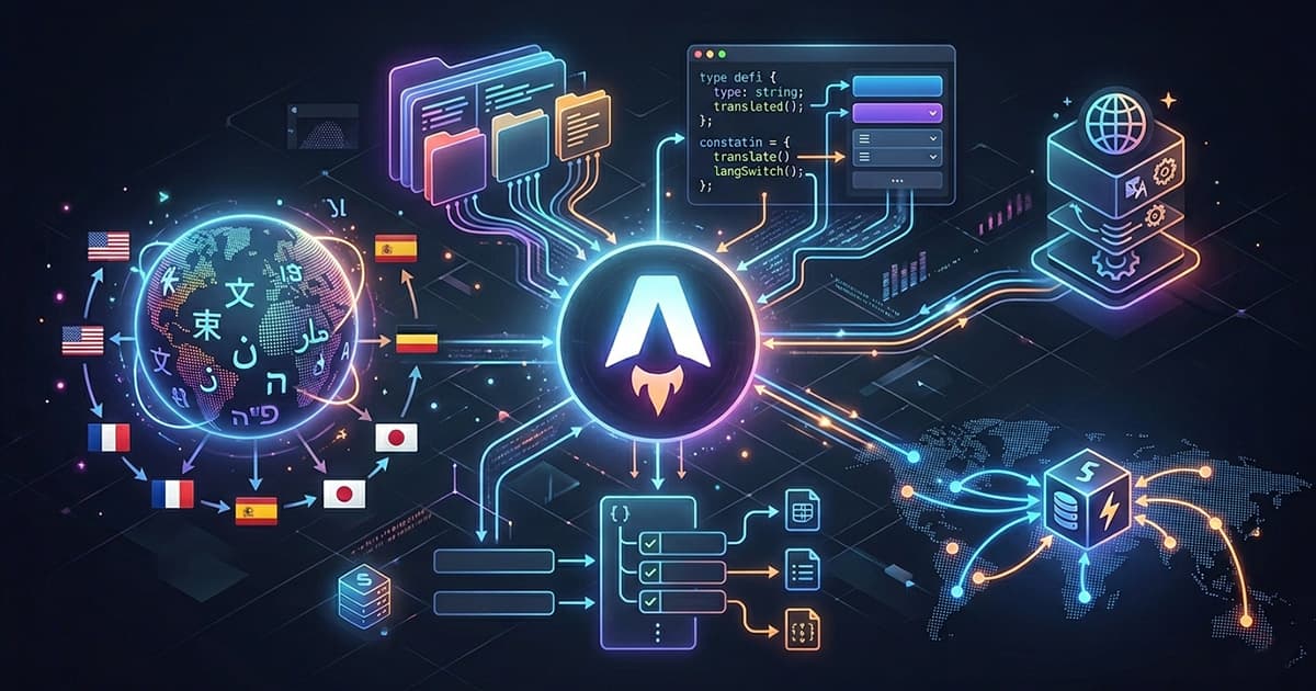 Conceptual illustration of an i18n maturity ladder for Astro - from a single ui.ts file at the bottom to an Edge-Native KV architecture at the top.