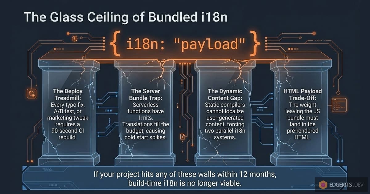 The four architectural walls of build-time bundled-translation i18n in Astro: the Deploy Treadmill where every typo fix triggers a CI rebuild, the Server Bundle Trap of serverless function size limits, the Dynamic Content Gap where UGC sits outside the compiler, and the HTML Payload Trade-Off.