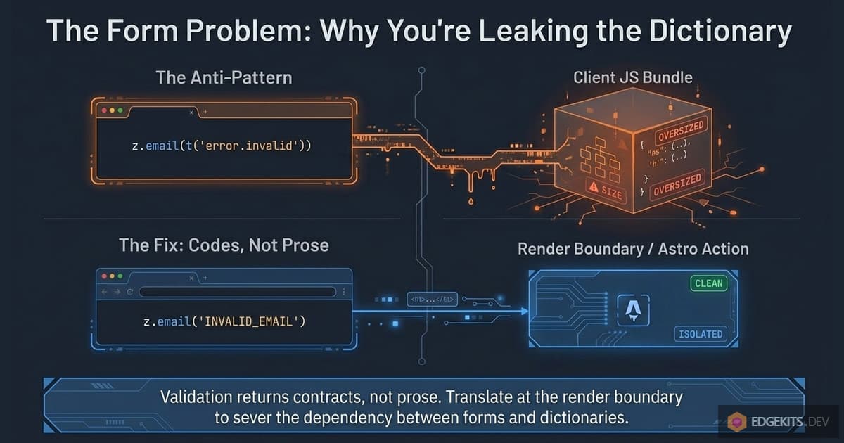 The Astro i18n form-validation anti-pattern that leaks the entire translation dictionary into the React client bundle, contrasted with the fix: Zod schemas return domain error codes like INVALID_EMAIL, and translation happens at the render boundary inside the Astro Action.