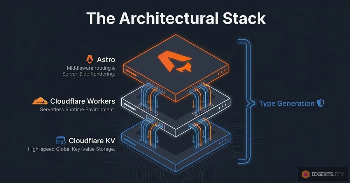 The Edge-Native Astro i18n architecture stack: Astro middleware handling routing and SSR on top, Cloudflare Workers as the serverless runtime in the middle, Cloudflare KV as the global key-value translation store at the bottom, with TypeScript type generation feeding the whole stack.