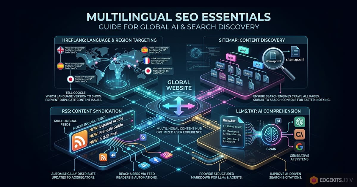 Multilingual i18n SEO Essentials infographic covering hreflang tags for language targeting, XML sitemap structure, multilingual RSS feeds, and llms.txt for AI comprehension. Complete guide to i18n SEO for global Astro websites and search discovery.