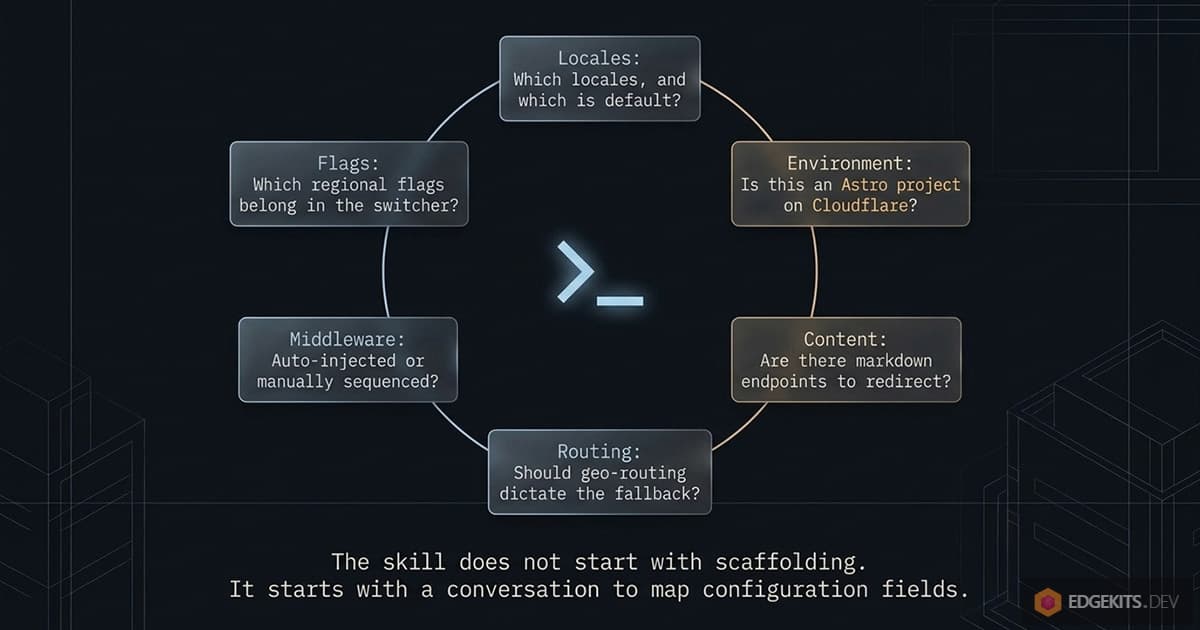 Six questions the astro-i18n agent skill asks before writing code: locales and default, Astro on Cloudflare, markdown endpoints, geo routing, middleware mode, switcher flags