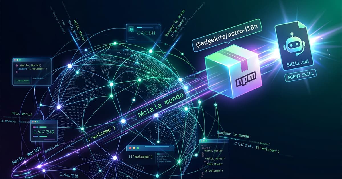 Globe of edge nodes feeding an npm package box and a SKILL.md agent skill, the two halves of the edge-native Astro i18n engine in Part 4