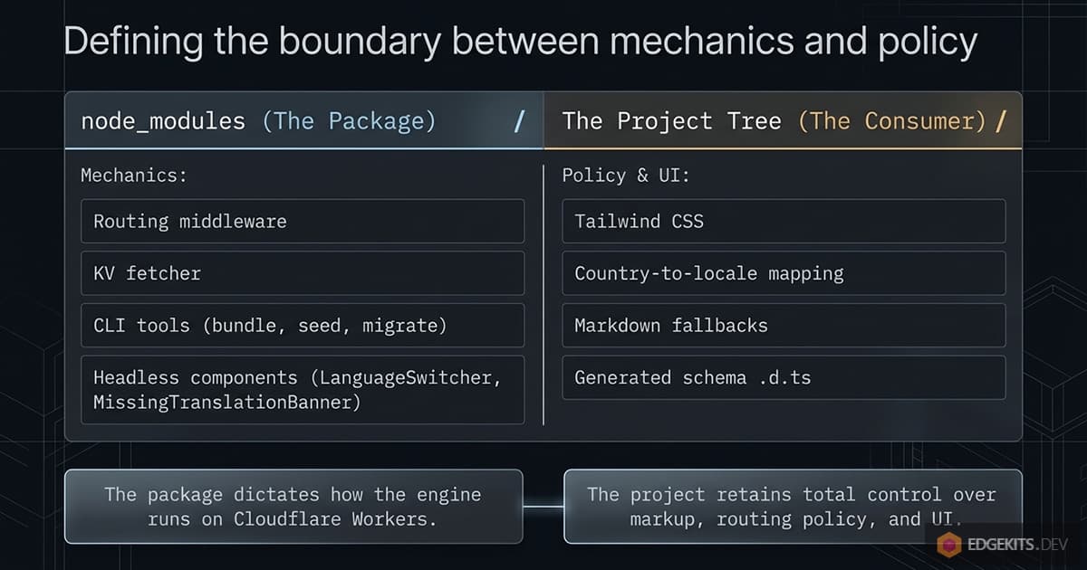 Two columns splitting the Astro i18n engine: node_modules holds routing middleware, KV fetcher, CLI and headless components; the project tree keeps styling, country-to-locale mapping, markdown redirects and the generated schema