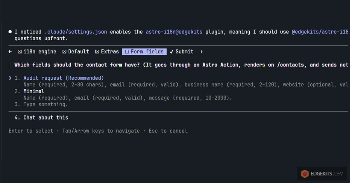 The skill asking which fields the contact form needs, with the audit-request preset recommended over the minimal one