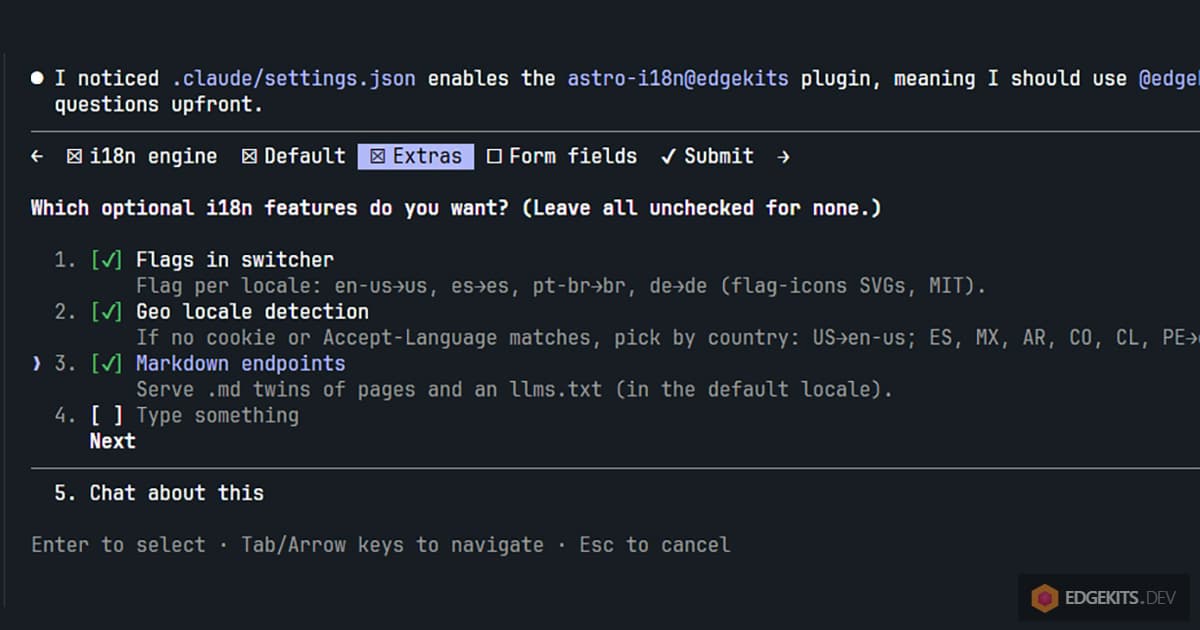 The skill asking which optional i18n features to enable: flags in the switcher, geo locale detection and Markdown endpoints, all three ticked