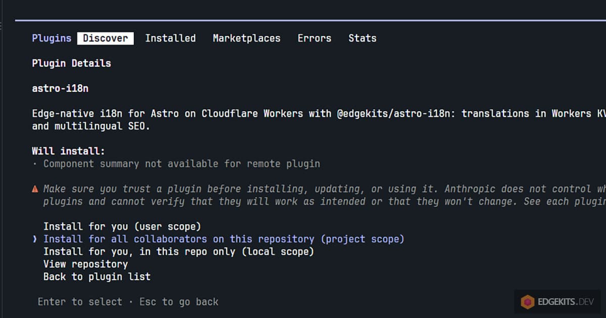 Claude Code plugin panel for astro-i18n offering user, project and local install scope, with project scope selected