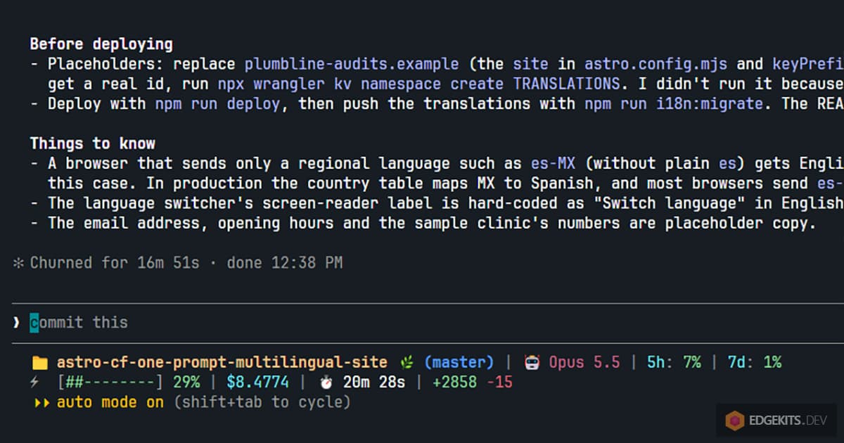 The agent's closing report: placeholders to replace, the KV namespace it did not create, deploy and migrate left to the author, 16 minutes 51 seconds of work