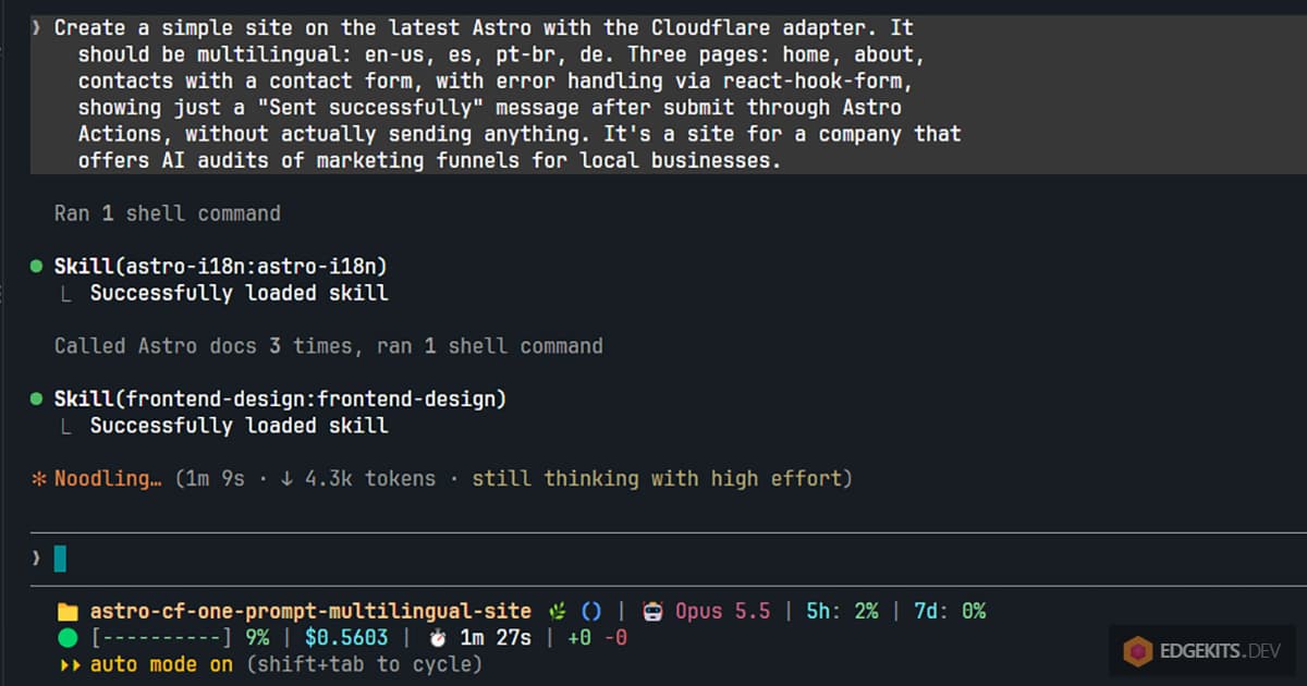 The one-paragraph prompt typed into Claude Code and the astro-i18n skill loading on its own before any file is written