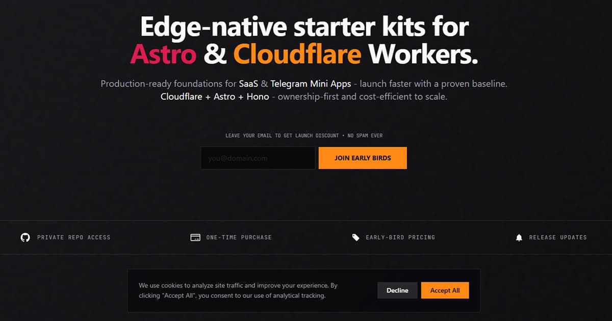 Screenshot of the live edgekits.dev homepage on a first visit, with the custom Cloudflare Zaraz cookie consent banner pinned to the bottom of the viewport showing the Decline and Accept All buttons over the analytical-tracking copy.