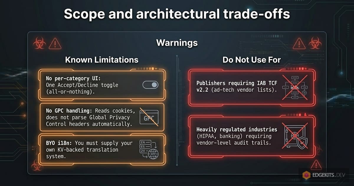 Two-panel diagram of the pattern's known limitations (no per-category UI, no Global Privacy Control parsing, BYO i18n translation system) and the cases it does not fit (IAB TCF v2.2 publishers, regulated industries with vendor-level audit trails).