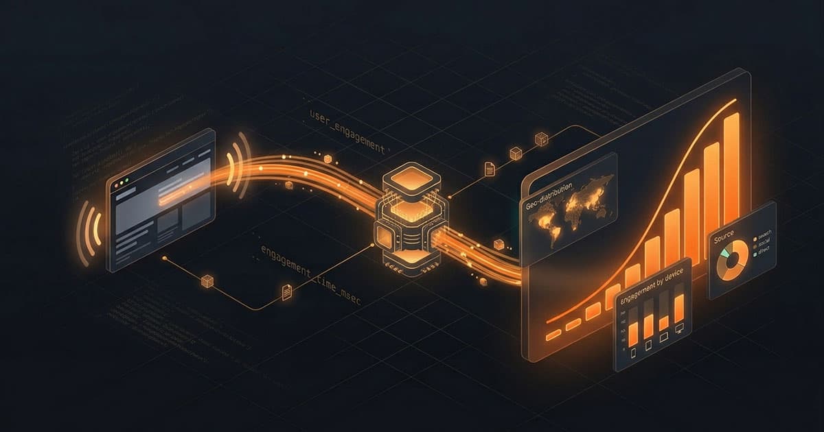 Dark isometric illustration: a web page emitting user_engagement and engagement_time_msec signals through a Cloudflare Zaraz edge node into a GA4 analytics dashboard with geo map, device breakdown, and a rising engaged-sessions bar chart.