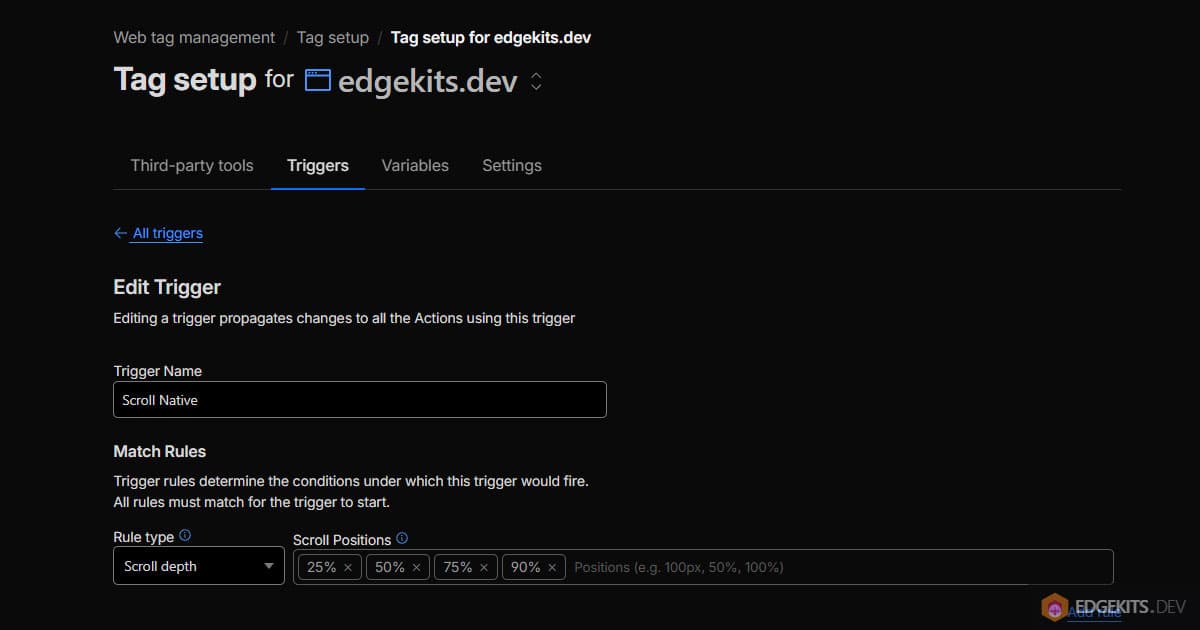Cloudflare Zaraz dashboard trigger configuration showing a Scroll depth trigger