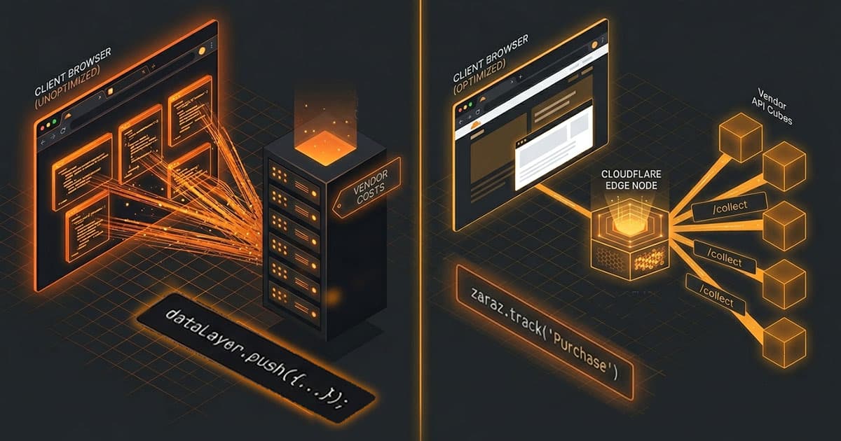 Split architecture diagram comparing a server-side GTM tagging server on Cloud Run with Cloudflare Zaraz Managed Components running on the edge.