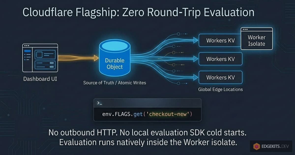 Flag changes flow from the Cloudflare dashboard into a Durable Object as source of truth, replicate to Workers KV at edge locations, and evaluate inside a Worker isolate.