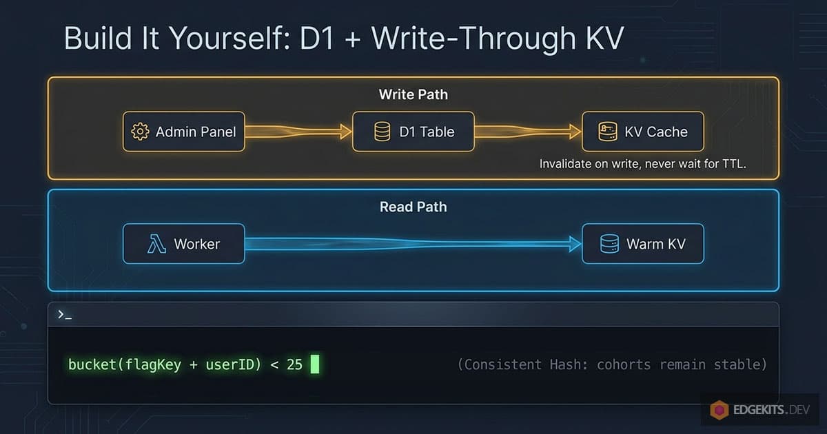 Write path from an admin panel through a D1 table into KV cache with invalidate-on-write, and a read path serving Workers from warm KV.