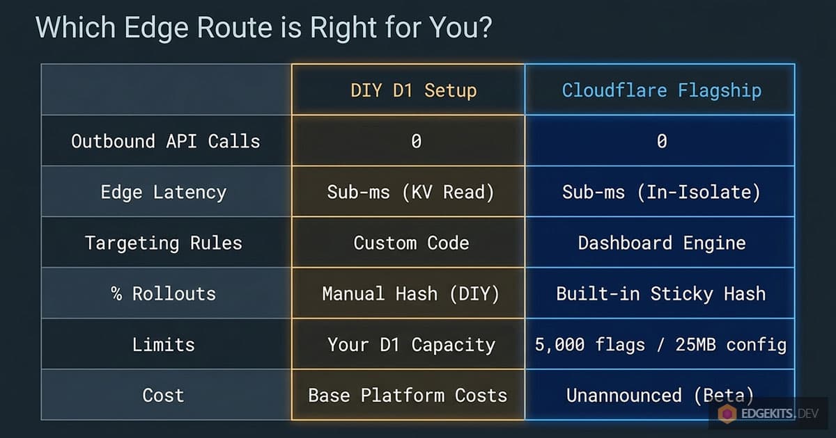 Comparison table of a DIY D1 feature flag setup versus Cloudflare Flagship across API calls, latency, targeting rules, rollouts, limits, and cost.