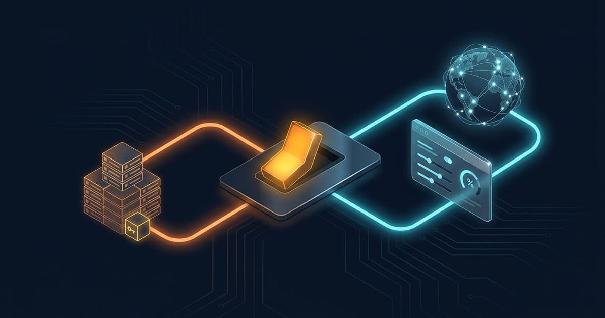 A glowing feature flag toggle splitting into two paths: one toward a self-hosted D1 table with a KV cube, the other toward a managed rollout dashboard and a globe of edge nodes.