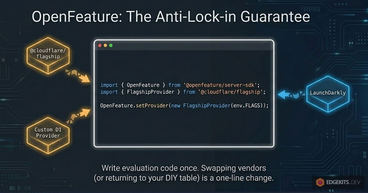 One OpenFeature evaluation code block with swappable providers, Cloudflare Flagship, a custom D1 provider, or LaunchDarkly, illustrating the one-line provider swap.