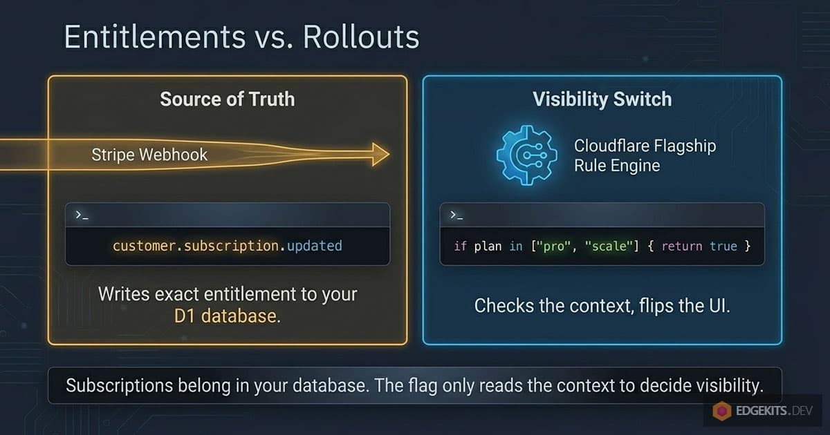 A Stripe webhook writing entitlements into D1 as the source of truth beside a Cloudflare Flagship rule reading plan to flip feature visibility.