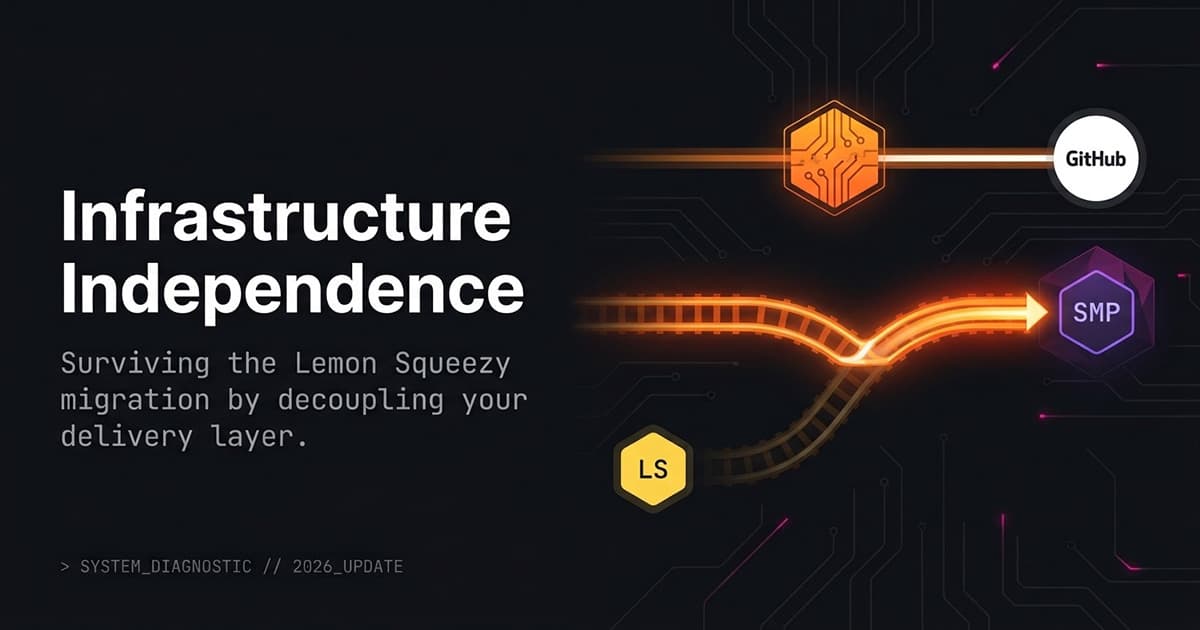 A payment rail shifting from Lemon Squeezy toward Stripe Managed Payments while a separate delivery layer holds a GitHub repo access grant steady.