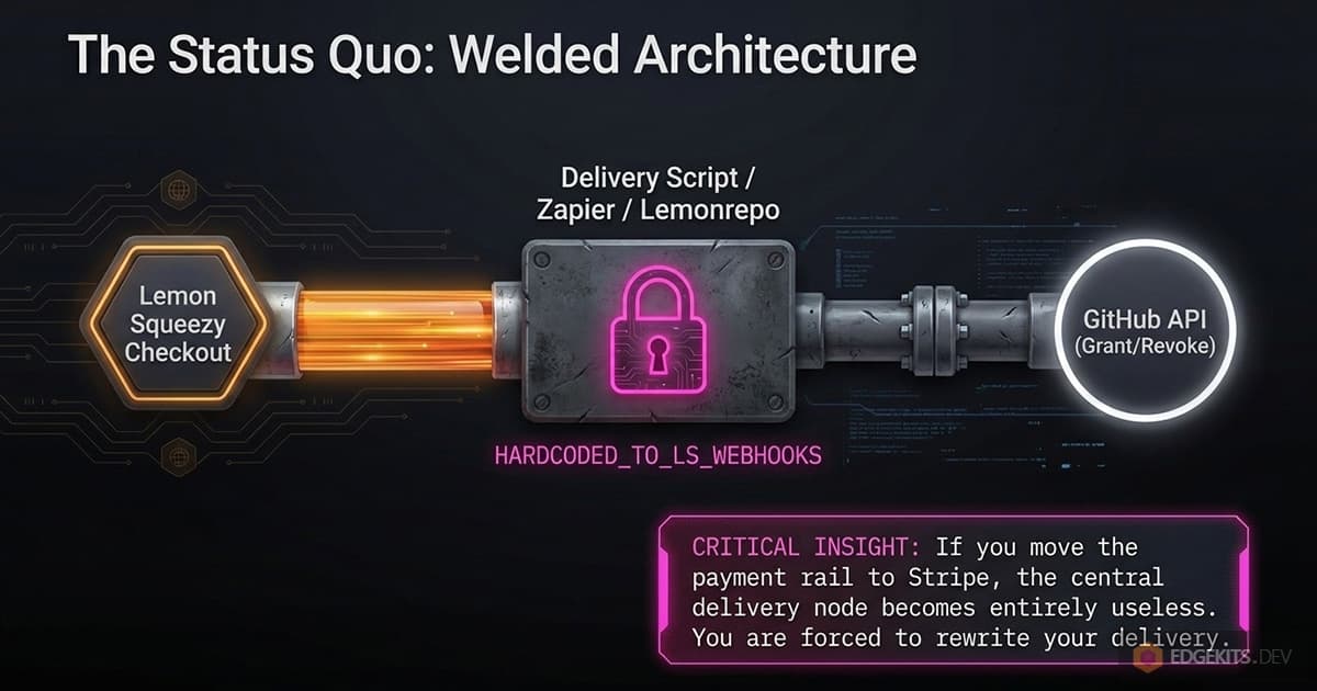 Diagram of a welded delivery pipeline: a Lemon Squeezy checkout feeds a locked glue box hardcoded to LS webhooks - a delivery script, Zapier or Lemonrepo - which calls the GitHub API, so moving the rail strands the delivery.