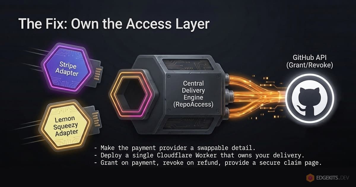 RepoAccess delivery engine as a central unit with swappable Stripe and Lemon Squeezy adapter plugs feeding GitHub API grants and revokes: the payment provider becomes a swappable detail of one Cloudflare Worker.