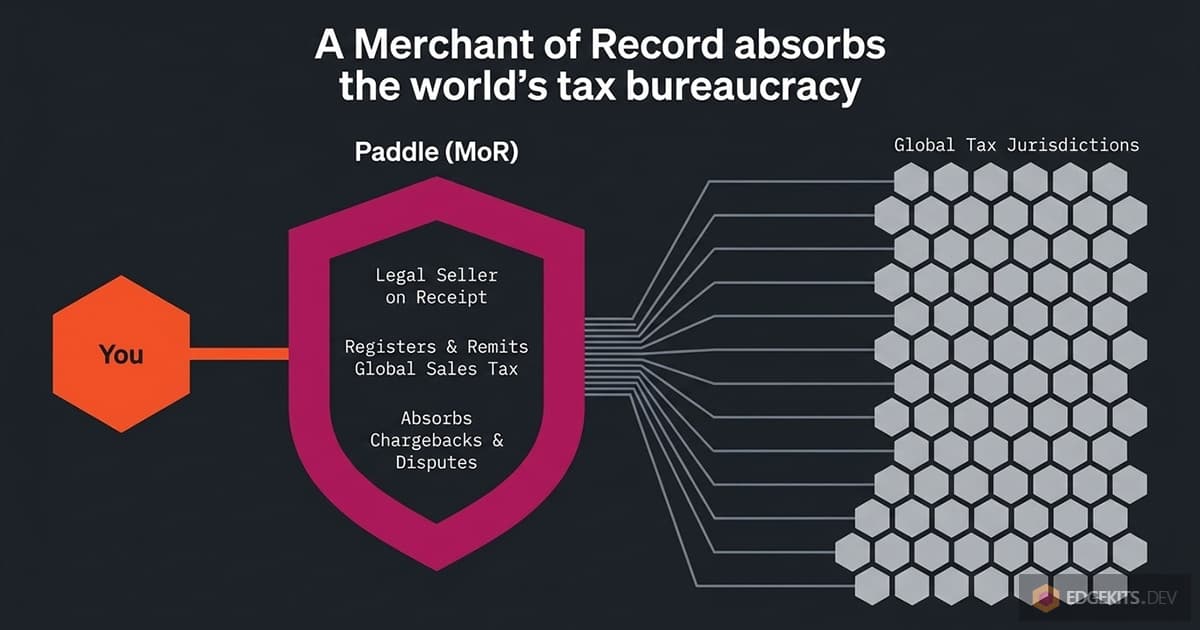 Diagram of Paddle as Merchant of Record: a shield labeled Paddle stands between a code seller and a wall of global tax jurisdictions and disputes, with Paddle shown as the legal seller on the buyer receipt while the seller invoices a single counterparty.