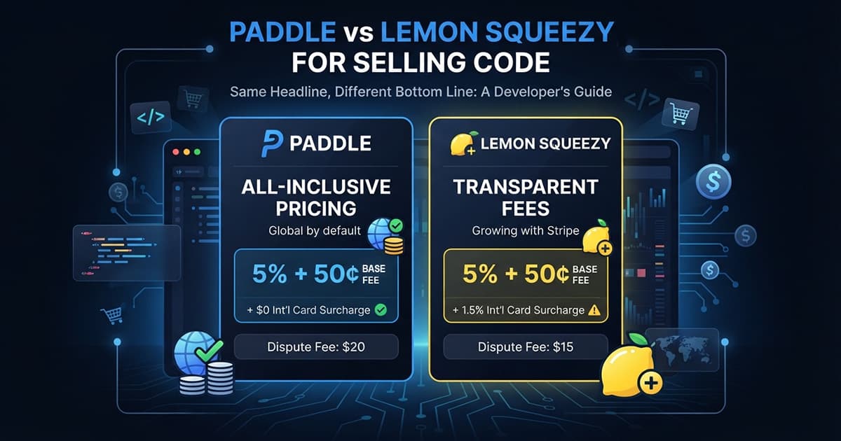 Paddle and Lemon Squeezy side by side for selling code: the same 5% + 50¢ fee, a 1.5% international card surcharge on Lemon Squeezy, and dispute fees of $20 against $15.
