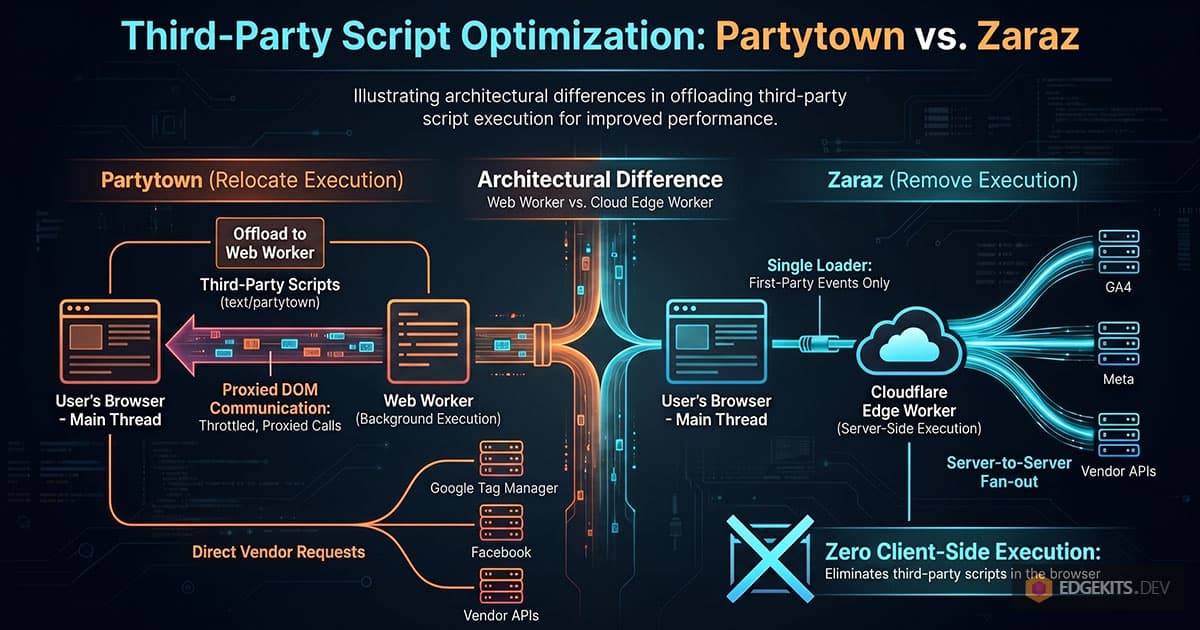Architecture comparison of Partytown and Cloudflare Zaraz third-party script handling: Partytown relocates execution into a web worker with throttled proxied DOM calls and direct requests to googletagmanager.com and connect.facebook.net, while Zaraz removes execution from the browser with a single first-party loader and server-to-server fan-out from a Cloudflare edge worker to GA4, Meta and Ads APIs.