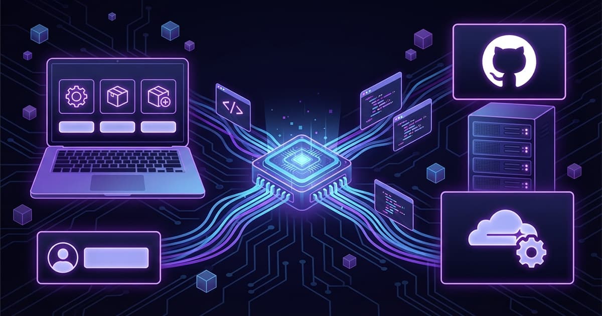 Abstract illustration of a code storefront and a buyer profile wired through a central chip to a GitHub repository, a server rack and a cloud worker.