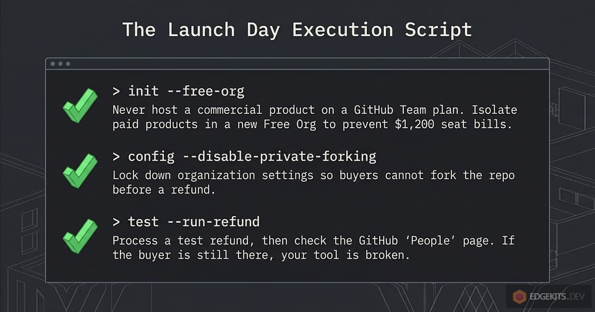 Launch day checklist: isolate paid products in a GitHub Free organization, disable private forking in organization settings, and run a test refund then check the People page to confirm the tool actually revoked access.
