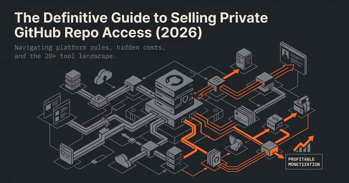 Title card for the 2026 guide to selling private GitHub repo access, showing an isometric pipeline of payment and GitHub nodes converging on profitable monetization.