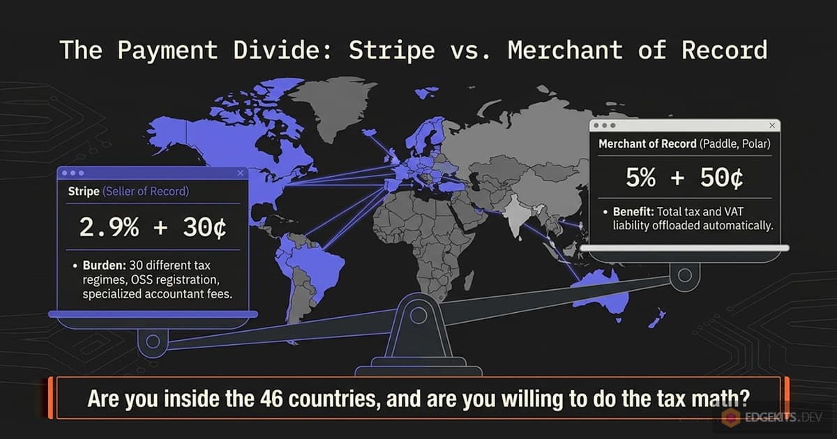 Scale weighing Stripe at 2.9 percent plus 30 cents with the seller owning tax in thirty regimes against a merchant of record at 5 percent plus 50 cents that absorbs VAT, over a map of supported countries.