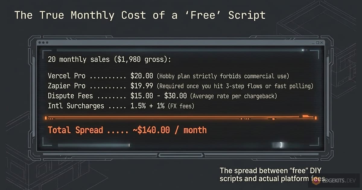 Terminal-style breakdown of the monthly cost behind a free repo access script at twenty sales: Vercel Pro at 20 dollars, Zapier Pro at 19.99, dispute fees of 15 to 30 dollars, international surcharges, about 140 dollars in total.