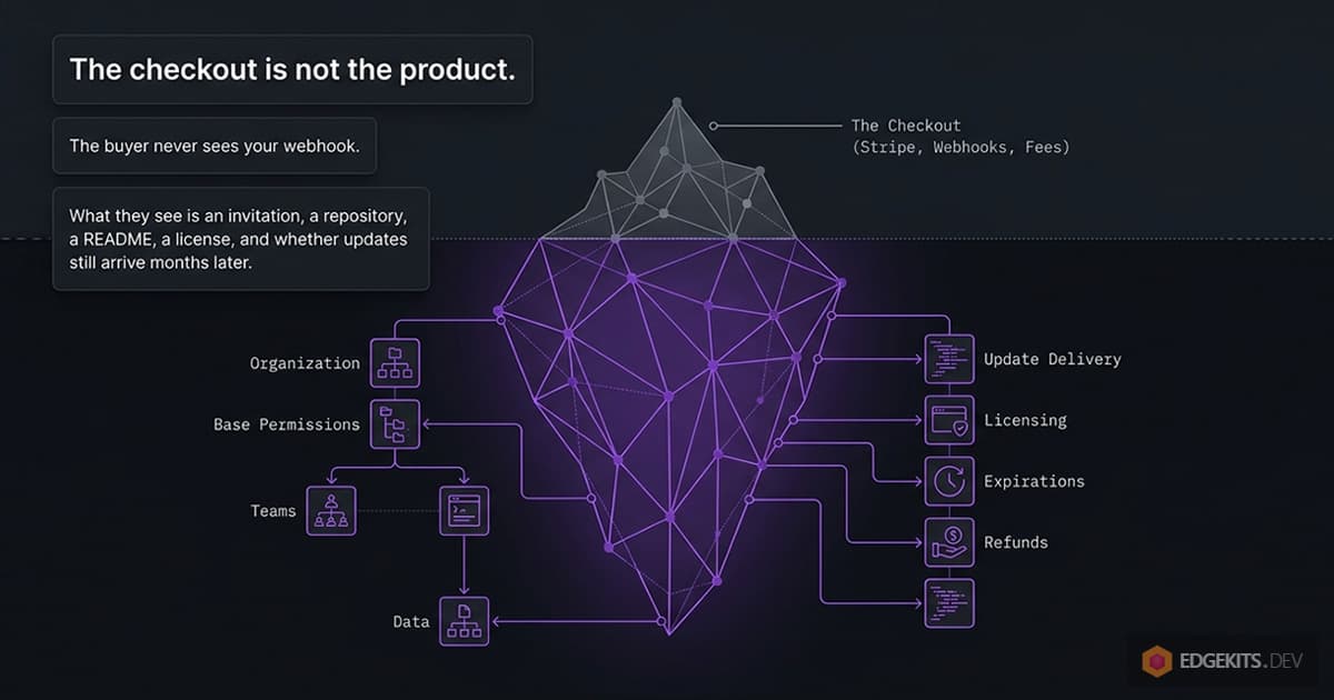 Iceberg diagram for a boilerplate sale: the checkout with its webhooks and fees sits above the waterline, while the organization, base permissions, teams, updates, licensing, expirations and refunds the buyer actually meets sit below it.