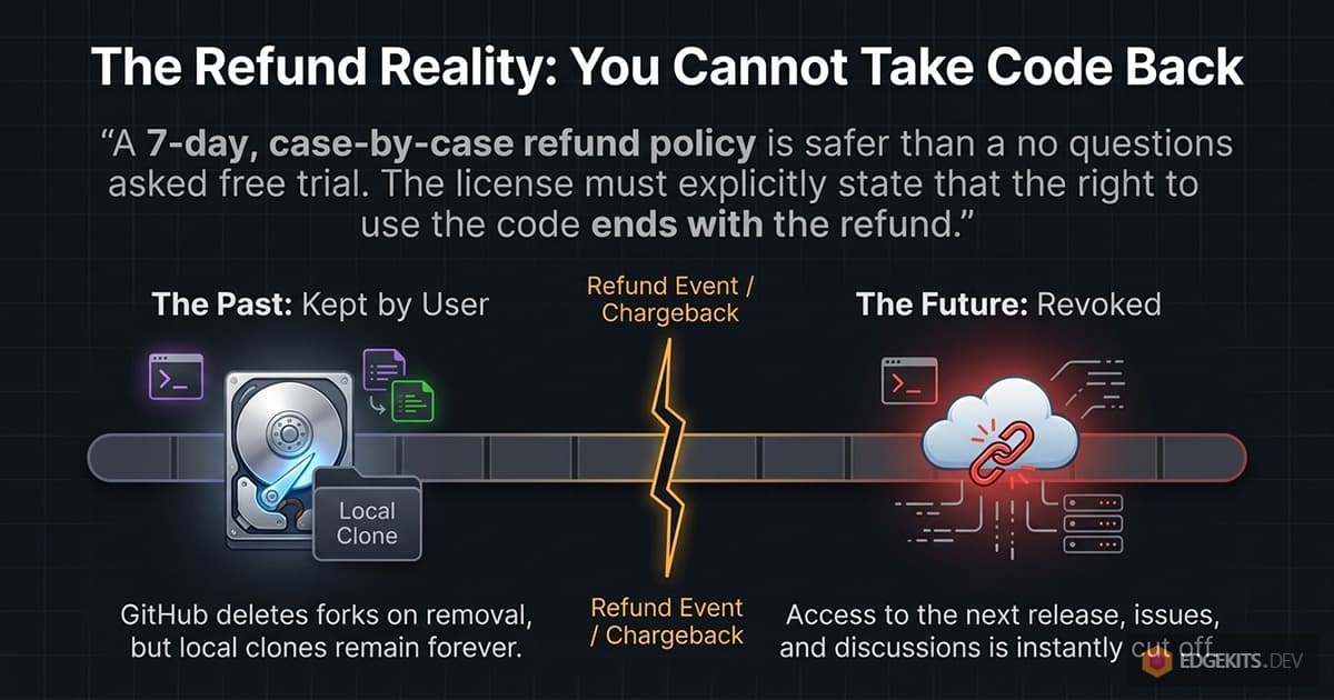 Timeline split by a refund or chargeback: the local clone the buyer already made stays on their machine, while access to the next release, issues and discussions is cut off on the GitHub side.