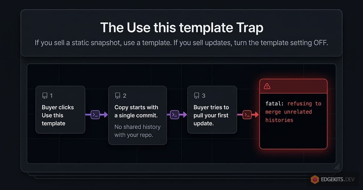Four-step flow of the Use this template trap: the buyer creates a copy from the template, the copy starts with a single commit and no shared history, and pulling the first update fails with git refusing to merge unrelated histories.