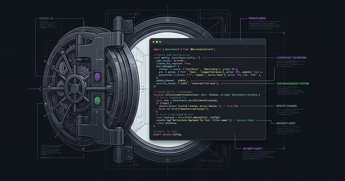 A heavy vault door swung open onto a code editor window holding a boilerplate configuration, with callouts for the private repo, tier management, update channel and security audit.