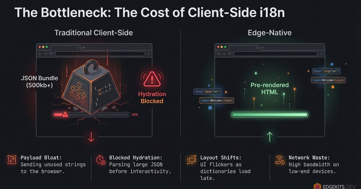 Comparison of traditional client-side JSON bundle bloat versus Edge-Native pre-rendered HTML in Astro
