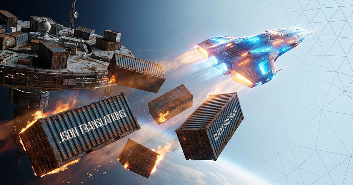 Conceptual illustration of a spaceship jettisoning heavy JSON translations and client-side bloat, representing the shift to zero-JS Edge-Native i18n architecture.