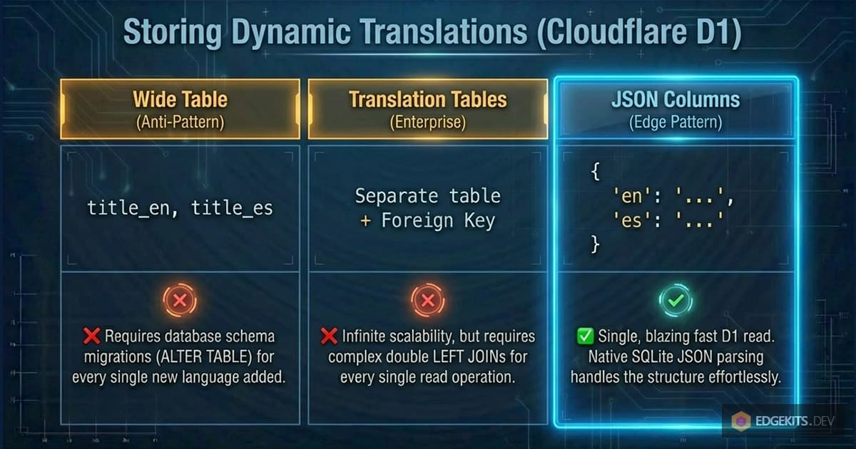 Comparison of database localization patterns in Cloudflare D1: Wide Table anti-pattern vs. Relational Translation Tables vs. highly scalable Drizzle ORM JSON columns for Edge performance