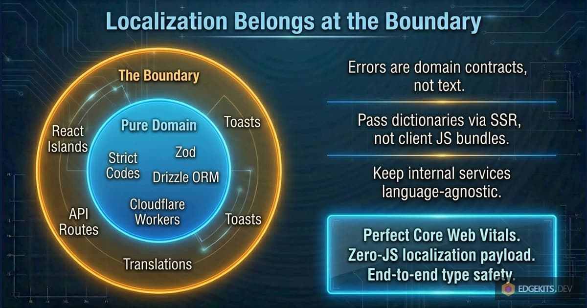 Architectural diagram showing 'Localization at the Boundary', separating pure language-agnostic domain logic (Zod, Drizzle, Cloudflare Workers) from UI translation layers (React Islands, Astro API routes)